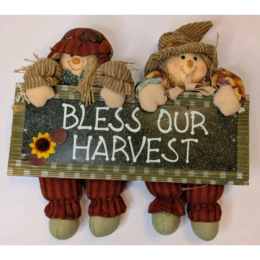 Bless Our Harvest Fall Wall Sign Scarecrow Doll Autumn Thanksgiving Decor